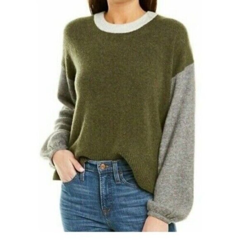 Madewell Payton Colorblock Sweater Wool Blend Green Gray Pullover SZ XS New